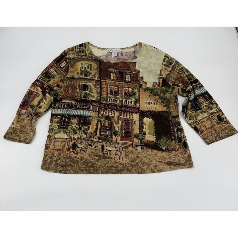Vtg Y2K Graphic Top Embellished Sequin 3/4 Sleeve Womens 1X